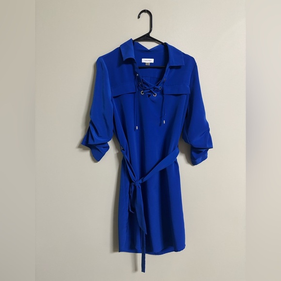 Calvin Klein Cobalt Blue Size 10 Belted Roll Tab Sleeves Long Or Short - Picture 1 of 8